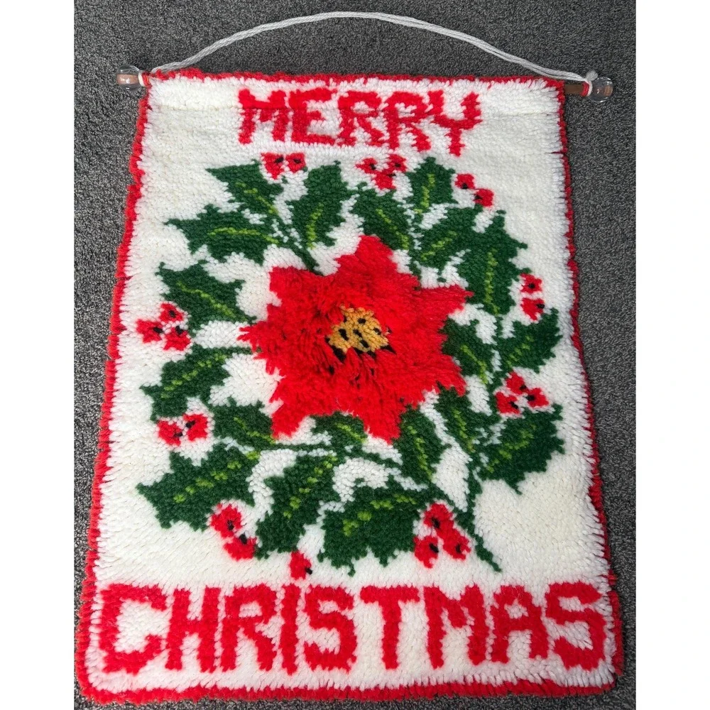Vintage Cristmas Latch Hook Wall Hanging Merry Christmas Poinsettia Handmade